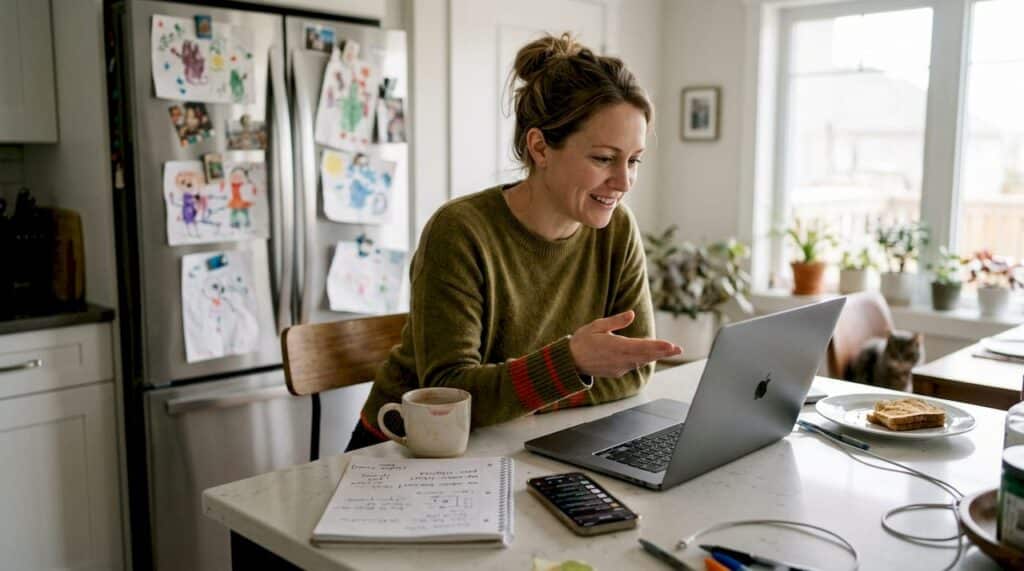 Business owner getting WordPress support at kitchen workspace